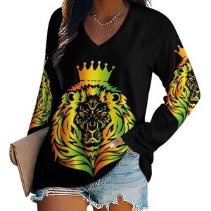 Rasta Lion Damesshirt met V-hals en lange mouwen, casual, losse pasvorm
