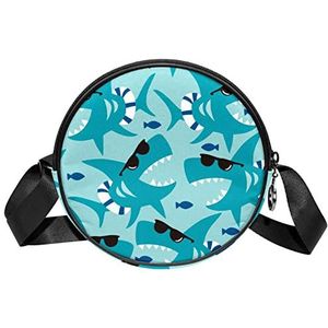 Ronde Crossbody Tas Messenger Bag Purse voor Vrouwen Cool Blue Shark met Zwarte Zonnebril, Meerkleurig, 6.7x6.7x2.3 in, Sling Rugzakken