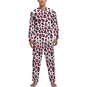 Roze luipaardpatroon zachte heren pyjama set comfortabele loungewear top en broek met lange mouwen geschenken L