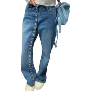 OHERUWKLS Dames Single Breasted Button Splice Jeans High Waisted Straight Vintage Broek,Blauw,3XL