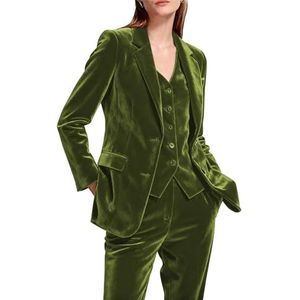 Vrouwen 3 STKS Fluwelen Broekpakken Blazer Broek Outfits Voering Dames Zakelijke Kantoor Smoking Casual Feestpakken, Olijf, XS