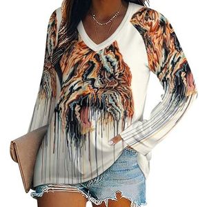 Abstracte tijger schilderij vrouwen casual lange mouw T-shirts V-hals gedrukte grafische blouses Tee Tops L