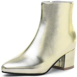 Dames Korte Laarzen Met Puntige Neus 2023 Nieuwe PU Lakleer Enkellaarsjes Mode Enkellaarsjes Met Blokhak Warme Pluche Gevoerde Snowboots Elegante Enkelschoenen for Feest (Color : Gold, Size : 40 EU