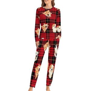 Hond op Buffalo Plaid Zachte Dames Pyjama Lange Mouw Warm Fit Pyjama Loungewear Sets met Zakken L