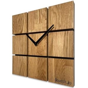 FLEXISTYLE Wandklok modern harmony hout eiken vierkant zwart zonder tikkende geluiden badkamer woonkamer tienerkamer (eiken, 30cm)