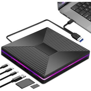 LJIAL RGB externe CD/DVD-drive met 4 USB-poorten en 2 TF/SD-kaartsleuven, USB 3.0 Type-C draagbare CD/DVD-speler/brander for laptop
