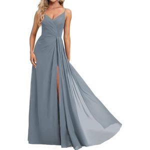 Prinses Bruidsmeisjes Jurken Spaghetti Bandjes Galajurken Chiffon Formele Avondfeest Maxi Jurk met Split ZM210, Dusty Blauw, 32