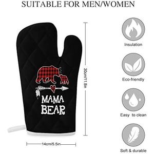 Rode Plaid Buffalo Mama Bear Ovenwanten Hittebestendige Keuken Oven Handschoenen Voor Koken Bakken BBQ