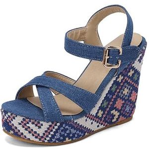 Wedgesandalen Voor Dames 4,7 Inch Etnische Stijl Platform Espadrilles Kruis Enkelband Slingback Hoge Hak Casual Sandalen(Blue,48 EU)