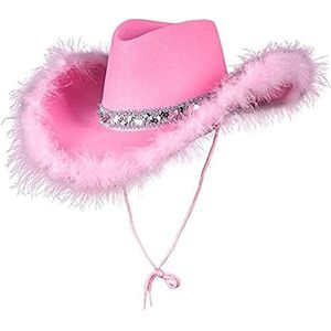 Wudaizhi Cowboyhoed roze met veer, western cowgirl hoed voor vrouwen en mannen, voor bruiloft, verjaardag, Halloween, party, kostuum, accessoires