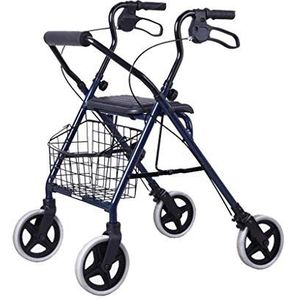 Opvouwbare rollator Rollator van aluminiumlegering, lichtgewicht opvouwbare 4-wiel rollator Walker Aid met gevoerde stoel, vergrendelbare remmen en mand onder de stoel, verstelbare hoogte, blauw, max