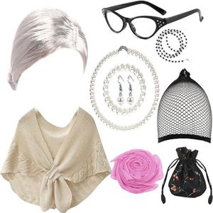 Diarypiece Oude Dame Cosplay Set Voor Vrouwen Volwassen Oma Pruiken Bril Kunstmatige Ketting Oorbellen Oma Kostuum Voor Party Cosplay Kostuum Pak