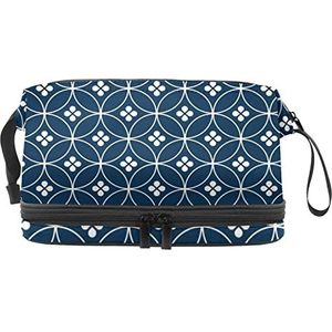 Multifunctionele opslag reizen cosmetische tas met handvat,Grote capaciteit reizen cosmetische tas,Japanse traditionele koningsblauwe geometrische knop patroon, Meerkleurig, 27x15x14 cm/10.6x5.9x5.5 in