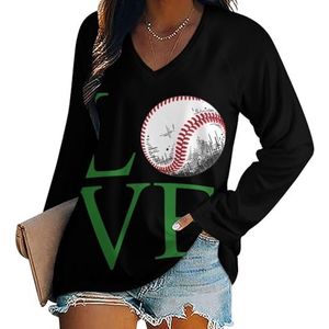 Liefde honkbal bal vrouwen casual lange mouw T-shirts V-hals gedrukte grafische blouses Tee Tops 4XL