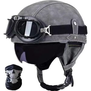 Duitse leren motorhelmen, halve schaalhelm met DOT/ECE, retro jethelm, scooterhelm, chopperhelm, fietshelm, met zonneklep en snelsluitingen open helm B,S=55-56CM