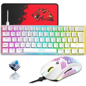 ZIYOU LANG T60 60% Compact Mechanisch Gaming Toetsenbord Muis Pc Set Blauwe Switch - 12000 DPI QWERTY UK Layout Mini 62 Toetsen, Afneembare USB Type C Kabel RGB Programmeermuis - Wit