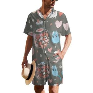 Cat Lovers Hawaïaans pak voor heren, set van 2 stuks, strandoutfit, shirt en korte broek, bijpassende set