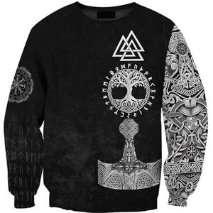 Viking Odin Raven Hoodie met Ronde Hals, Middeleeuws Valhalla Norse Warrior Pagan Cosplay Kostuum, Unisex 3D Gedrukt Rune Vegvisir Klassiek Harajuku Sweatshirt(Color:Thor's Hammer,Size:XL)