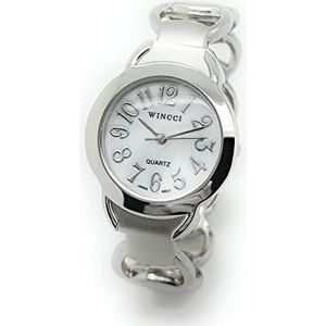 Dames elegante metalen armband manchet mode horloge parel wijzerplaat Wincci, Zilver, riem