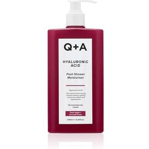Q+A Hyaluronzuur Na-Douche Moisturiser voor Hydraterende Lichaamsverzorging, mix van Avocado- en Hazelnootoliën, Hyaluronzuur en Prebiotica om de huid te hydrateren en te herstellen, 250 ml.