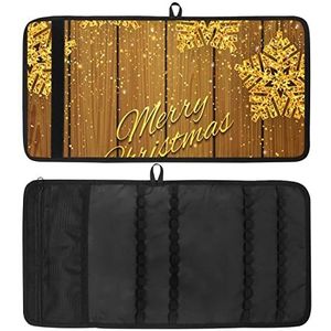 Potlood Wrap, Reizen Tekening Kleurpotlood Roll Organizer voor Artiest, Potloden Pouch Case Gouden Kerst Sneeuwvlokken Houten Textuur