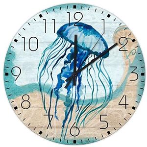Stille wandklok stille niet-tikkende batterij aangedreven nautisch strand oceaan thema octopus aangepaste wandklokken schelpen zeester strand kust houten muur decor voor kinderkamer badkamer boven