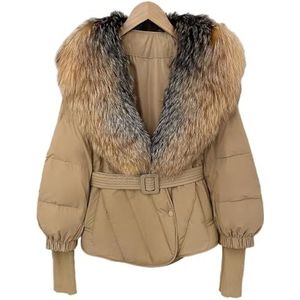 Dames Korte Gewatteerde Jas Met Imitatiebontkraag en Riem, Dikke, Warme Winterjas Met V-hals(Khaki 1,S)