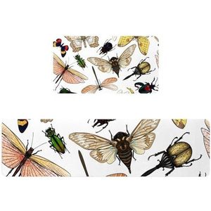 VAPOKF Keukenmat, 2 stuks, vlinder, libelle, kever, mot, insect, antislip wasbaar vloertapijt, absorberende keukenmat, loper tapijt voor keuken, hal, wasruimte