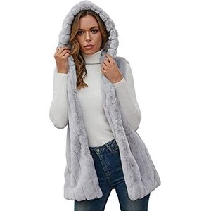 Faux Fur Gilet voor Vrouwen Hooded Mid-Lange Mouwloze Warmer Pluizige Vest Dames Bodywarmer Zachte Gilets Jas KaloryWee, Grijs, XL