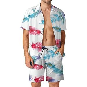 Aquarel Veren Hawaiiaanse Sets voor Mannen Button Down Korte Mouw Trainingspak Strand Outfits S
