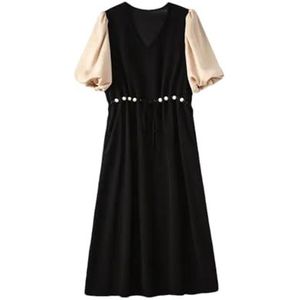 Dames Koreaanse effen kleur patchwork midi-jurk dameskleding zomer elegante V-hals trekkoord A-lijn jurk, Zwart, M
