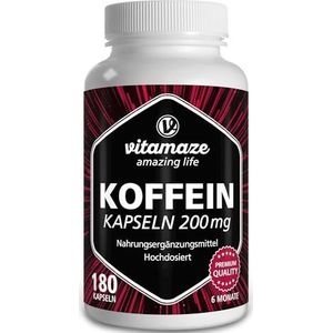 Cafeïnecapsules hoge dosering, 180 capsules met 200 mg puur cafeïnepoeder voor 6 maanden, 2 kopjes koffie in één capsule, voedingssupplement zonder onnodige additieven, Made in Germany