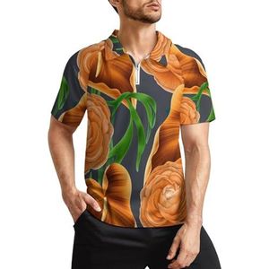 Tropische bloemen en bladeren heren golfpoloshirts klassieke pasvorm korte mouw T-shirt bedrukt casual sportkleding top M
