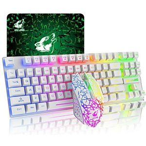 T87 Upgrade 87 Toetsen Draadloze Toetsenbord Muis Combo, Regenboog Backlit 2.4G Oplaadbaar Mechanisch Feel Gaming Toetsenbord +2400 DPI 6 Knoppen Optische Regenboog LED Gaming Muis+Gratis Gaming Muis
