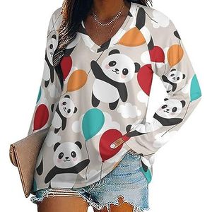 Panda Fly Met Ballon Dames Casual Lange Mouw T-shirts V-hals Gedrukt Grafische Blouses Tee Tops XL