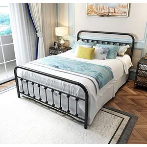 TEMMER Zwart metalen bedframe, queensize met hoofdeinde en voetenbord, enkele platformmatrasbasis, metalen buis en Iron-Art bed (queensize, zwart)