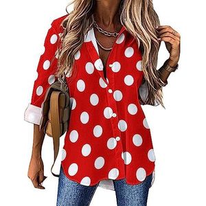 Rood Wit Polka Ladybug Dot Dames Casual Shirt Button Down Lange Mouw V-hals Blouses Tuniek voor Leggings