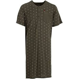 Henry Terre Heren nachthemd korte mouwen met borstzak katoen slaapshirt knoopsluiting, olijfgroen, L