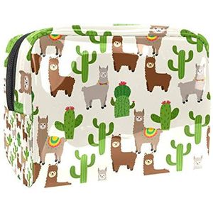 Draagbare make-up tas met rits reizen toilettas voor vrouwen handige opslag cosmetische zakje bruin grijs alpaca patroon cactus