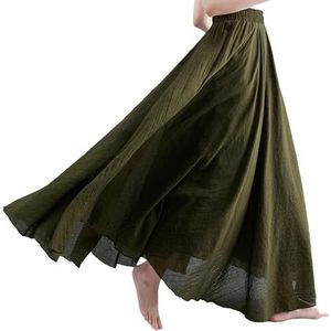 BEAUTYLAST Boheemse katoenen linnen rok voor dames, elastische taille, lange zwierige ongedwongen maxi-rok voor zomerse strandvakantie (legergroen, 85 cm lang)