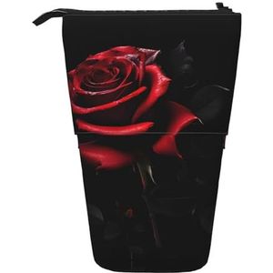 Nbtghga Rood en Rozen Print Potlood Telescopische Klassieke Kunsten Stand Up Potlood Case Organizer Potlood Houder Make-up Tas Gift, Zwart, Eén maat