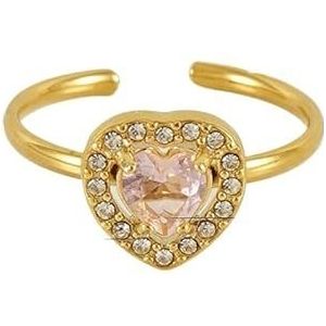 Damesbloemring roestvrij staal liefde vierkant dubbellaags diamant 18K ring live mond verstelbare zirkoonring (Color : Heart [Pink]_Adjustable)