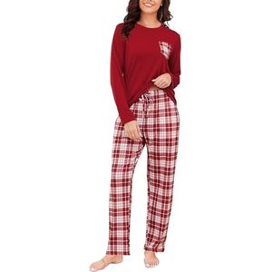 Reliwel Damespyjama's met lange mouwen en geruite pyjamabroek, tweedelige set, zachte nachtkleding voor dames, loungewear, pyjamaset, S-XXL
