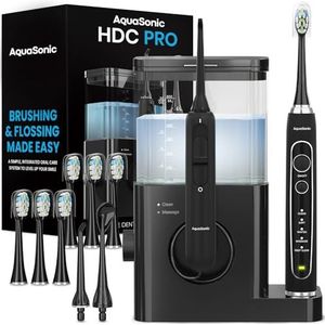 AquaSonic Home Dental Center PRO - Flossing Made Easy - Brush & Floss - Ultrasonic Elektrische Tandenborstel & Waterflosser - Whiter Teeth & Healthier Gums - Black Series Pro+Oral Irrigator - ADA