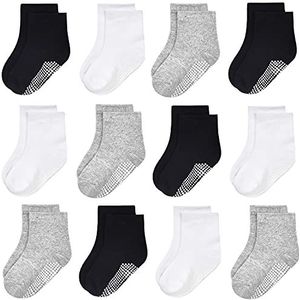 GRPSKCOS Antislipsokken voor kinderen, 12 paar, antislipsokken voor kinderen van 6-12 maanden, 1-10 jaar, jongens en meisjes, #2 wit/grijs/zwart, 12 paar, 3-5 jaar