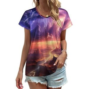Natuur landschap paarse donder storm dames V-hals T-shirts leuke grafische korte mouw casual t-shirt tops XL