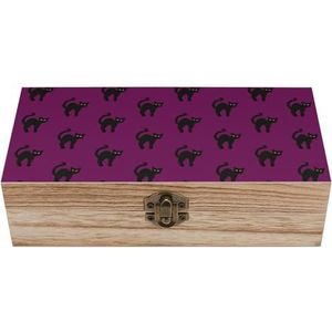 Zwarte kat op paarse houten kist met deksel opbergdozen organiseren juwelendoos decoratieve dozen voor vrouwen mannen