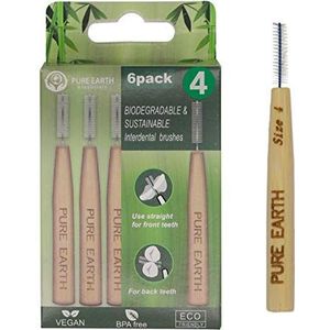Pure Earth Essentials Bamboe interdentale borstels - biologisch afbreekbare interdentale borstel - organisch handvat met zachte haren voor diepe reiniging tussen tanden en tandvlees (6 stuks, maat 4,