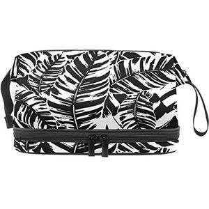 Grote capaciteit reizen cosmetische tas,Zwart wit bananenblad,Make-up tas,Waterdichte make-up tas organisator, Meerkleurig, 27x15x14 cm/10.6x5.9x5.5 in