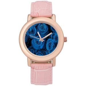Mooie Blauwe Rozen Vrouwen Horloge PU Strap Polshorloge Quartz Roze Valentijnsdag Gift